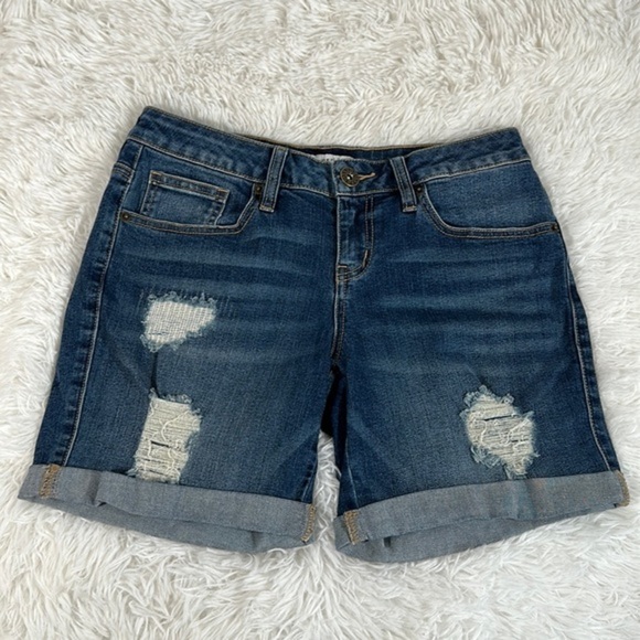 Guess Blue Distressed Cuffed Denim Shorts - Picture 1 of 8